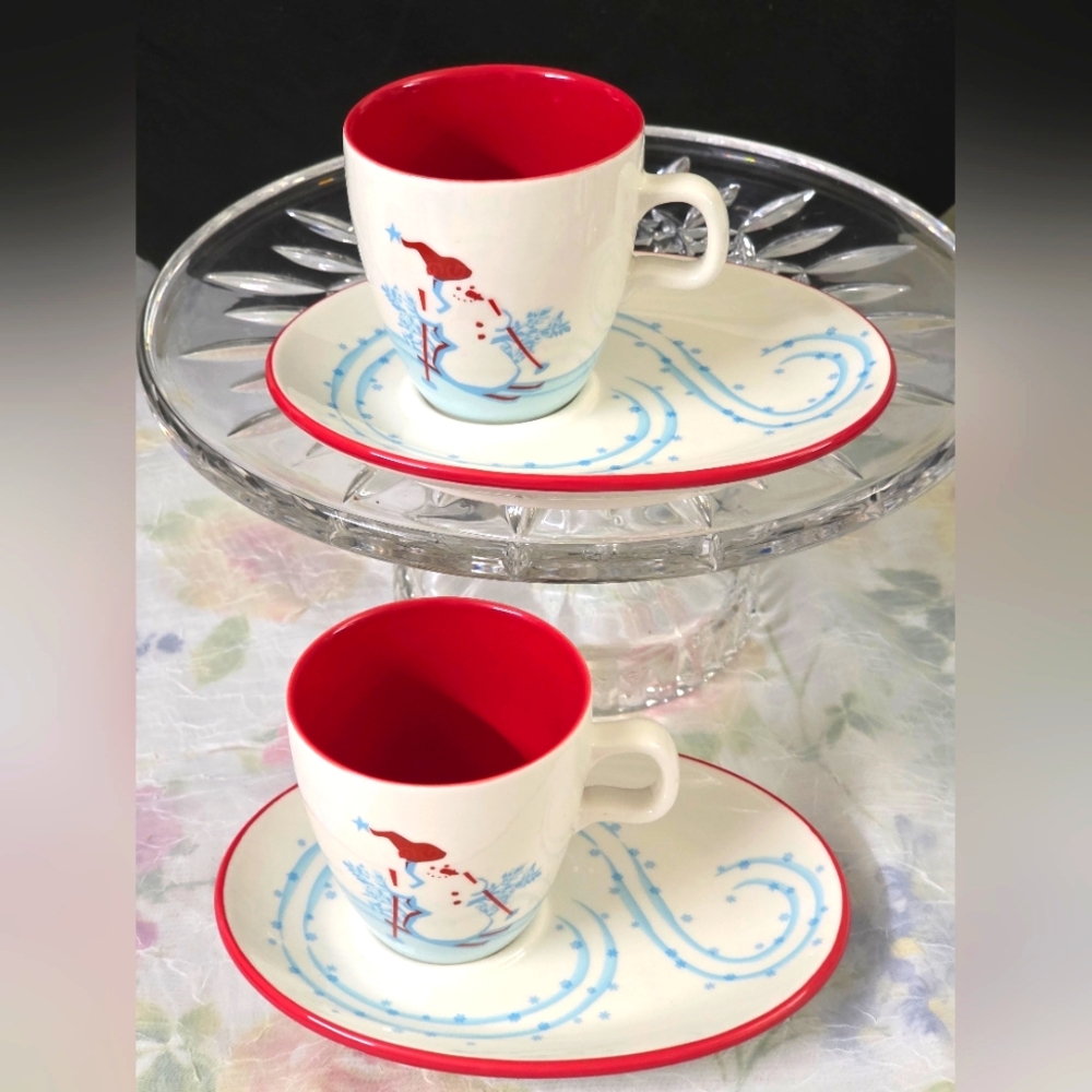 Starbucks Holiday Xmas 2007 Cookie Plate and Mug Set 6.8 Oz Snowman Penguin SET